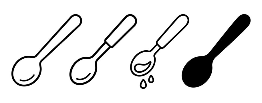 Spoon line icon set with dripping and silhouette variations