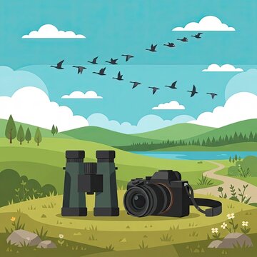 Binoculars and camera in nature landscape