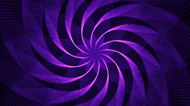 Glowing purple optical illusion spiral line background. Hypnotic violet radial swirl motion backdrop. Futuristic neon tunnel star effect.