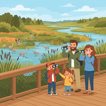 Family bird watching in nature