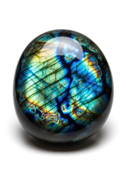 A stunning polished labradorite gemstone showcases a vibrant iridescent glow of deep blue and electric green flashes on a clean background, dark, vibrant, crystal