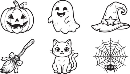 Fototapeta premium Collection of six cute halloween themed line featuring a pumpkin, a happy ghost, a witch hat, a broom, a cat, and a spider