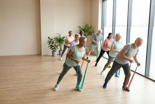 Senior adults exercising with resistance bands in a studio