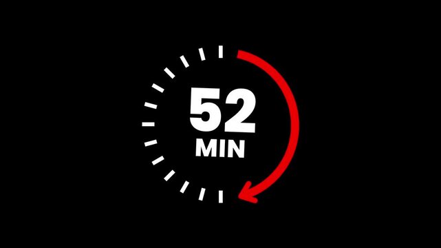 Countdown timer icons for 52 minutes in circular arrow animation. circle arrow refresh icon with 52 min timer icon animation. Timer 52 minutes countdown clock with circular arrow. 4k video