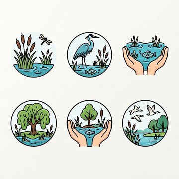 Wetland ecosystem and nature conservation icons