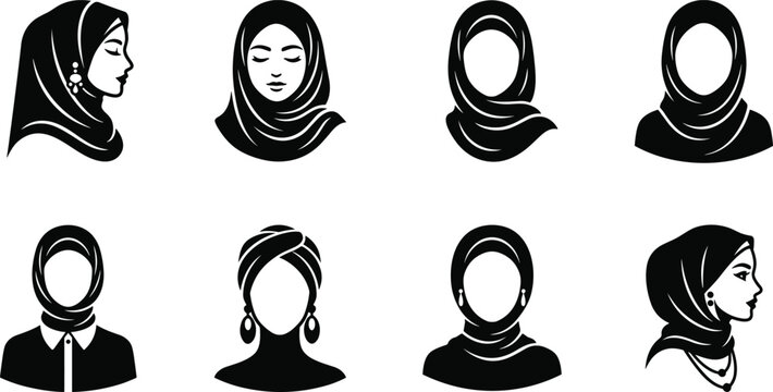 Muslim woman hijab avatar silhouette vector icon set featuring flat black islamic female character designs for traditional beauty fashion branding