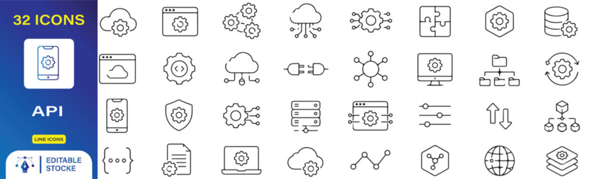 32 API Technology Vector Outline Icons Set &ndash; Application Programming Interface, Integration, Cloud Service, Server and Developer Line Symbols Collection