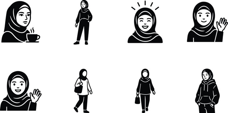 Muslim woman lifestyle silhouette vector icon set featuring flat black hijab female character avatars for community website user interface marketing