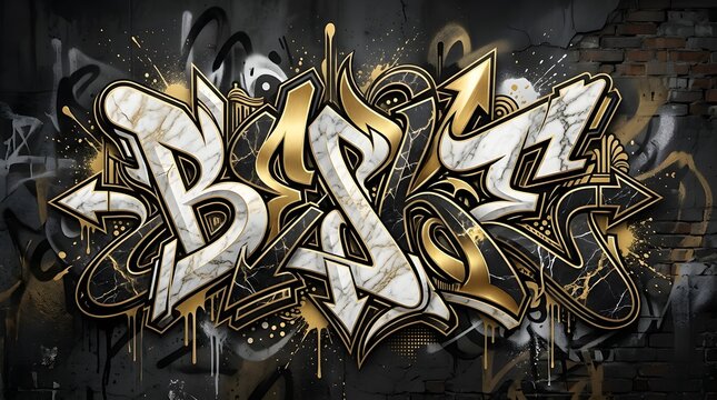Golden Happy Birthday graffiti lettering illuminated against a dark textured wall, creating a luxurious and festive composition with ornamental details.