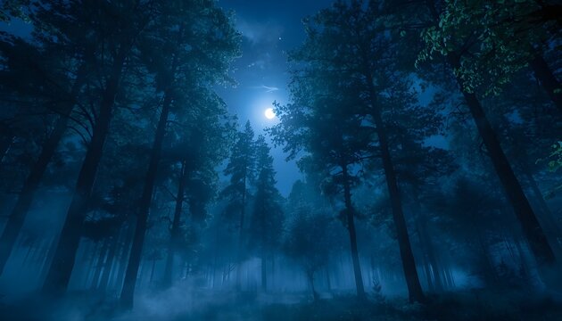 A breathtaking night landscape with beautiful tall trees, soft moonlight shining through the branches, gentle mist in the air, dreamy atmosphere, dark blue night sky, cinematic lighting, highly detail