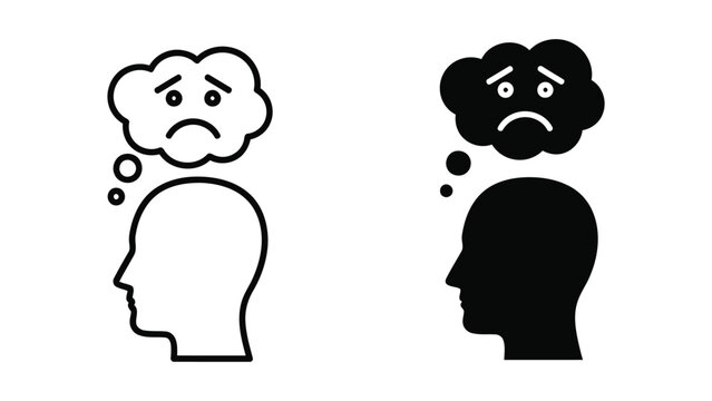 Sad human head profile with storm cloud thought bubble vector icon for mental health