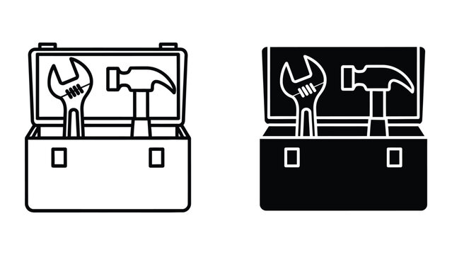 Open toolbox with hammer and wrench tools in outline and solid vector design style