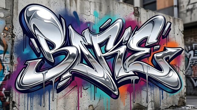 Metallic silver and black graffiti lettering on a concrete wall, featuring sharp flowing forms, dimensional shading, and sophisticated street-art aesthetics.