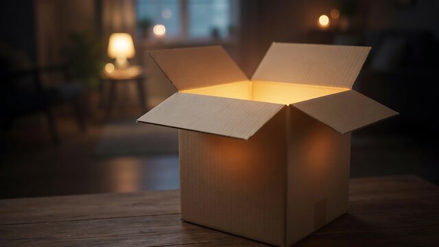 Open cardboard box with magical warm light glowing from inside on a wooden table