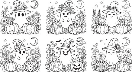 Fototapeta premium Six detailed halloween coloring page squares featuring cute ghosts wearing witch hats surrounded by pumpkins, flowers, mushrooms, and moons