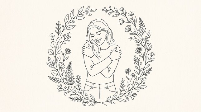 Hand drawn hugging girl floral round frame, Self love portrait inside foliage wreath, Black line art, Minimalist vector illustration