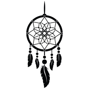 Native american dreamcatcher vector illustration with hanging feathers and sacred geometry.