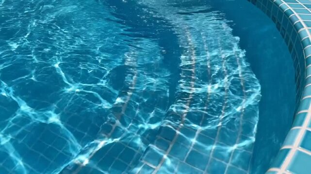 Sparkling turquoise water gently flowing over tiled steps in a swimming pool on a sunny day