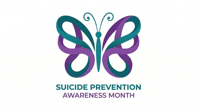 Suicide Prevention Awareness Month logo, abstract butterfly vector sign, teal and purple mental health symbol, ribbon effect, concept design