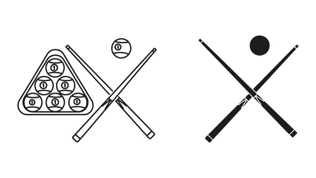 Billiard balls in triangle rack with cues icon set for snooker and pool hall branding