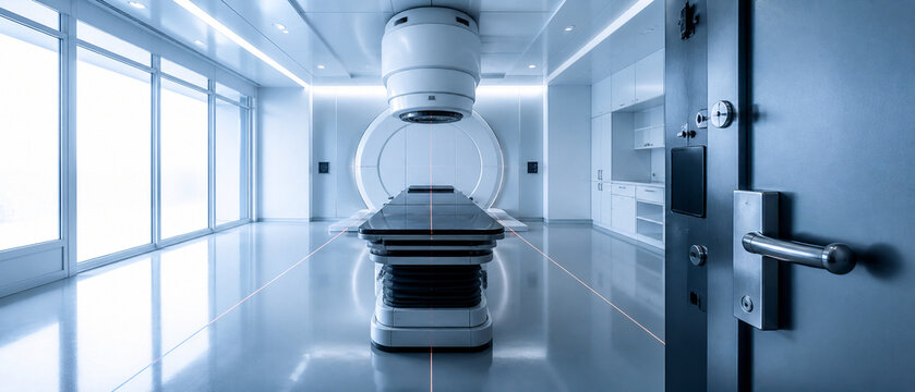 An empty radiotherapy treatment room with a linear accelerator gantry over a narrow couch, positioning lasers, very thick shielded door partly open, cool clinical lighting.