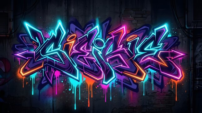 Dynamic multicolor graffiti letters glowing against a dark urban wall, featuring sharp shapes, bright neon outlines, and energetic street-art aesthetics.