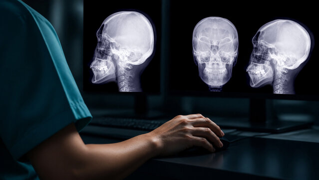 Radiology professional reviewing frontal and lateral skull X-rays on diagnostic monitors in a dark medical imaging workstation.