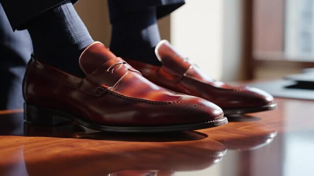 Close up view of stylish brown leather loafers on a shiny wooden desk reflecting sunlight and details