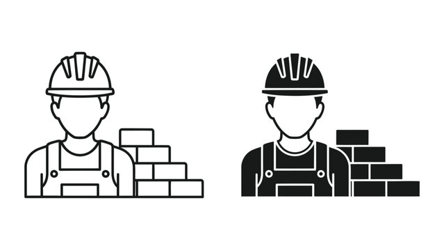 Construction worker with brick wall vector icon isolated on white background