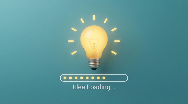 Glowing yellow lightbulb with a circular loading progress bar and the text idea loading on a solid teal background
