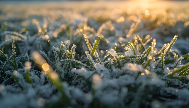 A beautiful close-up winter meadow at sunrise, fresh green grass covered with tiny sparkling snow crystals and frost, soft golden light reflecting on the frozen droplets, dreamy natural atmosphere, hi