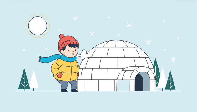 Cute young boy in warm winter clothes standing next to a traditional snow igloo in a cold snowy winter landscape.