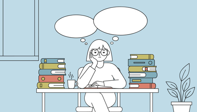 Tired young student girl studying at a desk with heavy stacks of books and empty thought bubbles above her head.
