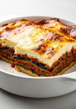 Golden baked moussaka served in a white ceramic dish, featuring rich layers of roasted eggplant, savory meat sauce, and creamy bechamel top, recipe, plate, hearty