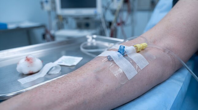 IV Catheter Inserted Into Patient Arm Vein With Cotton Ball and Medical Tape on Steel Tray
