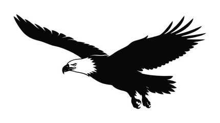 Fototapeta premium Eagle silhouette soaring through the air with large wings outstretched in a powerful flight pose, isolated on a clean white background representing strength and wildlife.