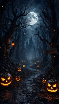 Spooky halloween pumpkins in a dark moonlit forest at night