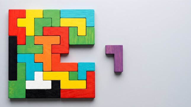 Wooden mosaic puzzle blocks on white background flat lay.