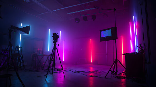 Neon livestream setup moody studio lighting empty composition camera on tripod soft haze atmospheric vibrant color