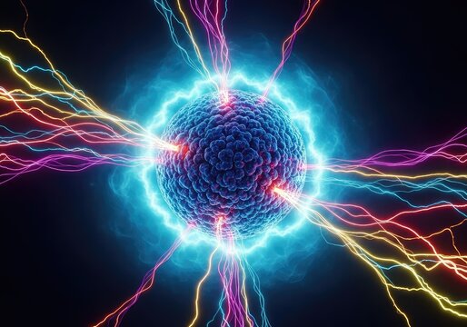 Vibrant abstract visualization of a dense central neutron core enveloped by a glowing electron cloud and electric neon energy filaments, structure, glow, physics