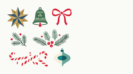 Obraz premium Vintage Christmas elements collection, festive holiday icons with candy canes and bells, rustic winter greenery and bows vector set