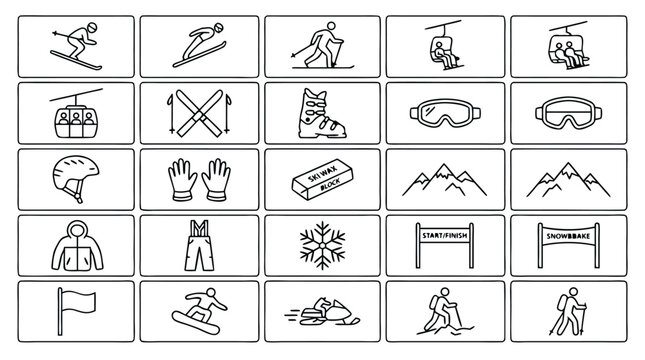 Winter sports and skiing line icon set featuring skier snowboarder ski lift gear and mountain equipment vector illustration
