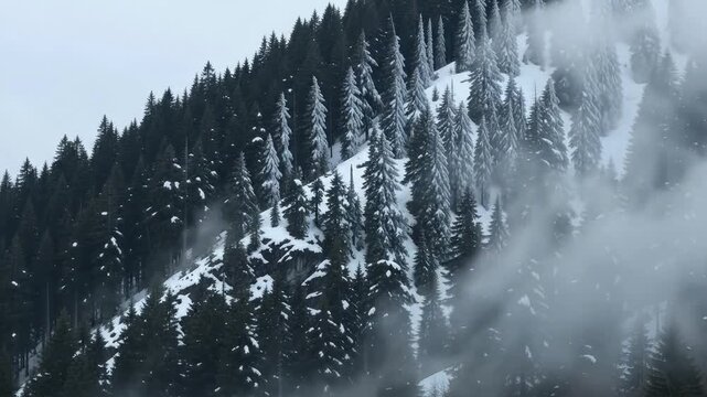 Dense fog drifts across snowy mountain forest with pine trees