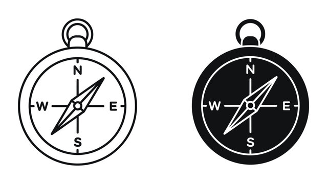 Navigation compass direction vector icon in outline and solid black style