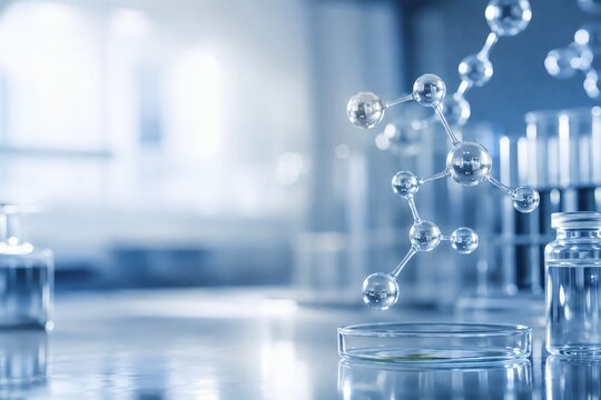 Abstract molecular structure model in a bright modern laboratory setting for pharmaceutical research