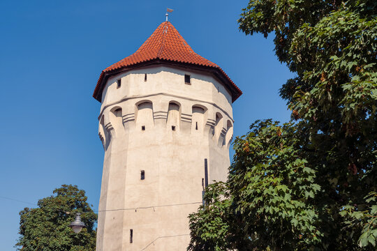 Carpenters Tower framed by trees in the historic fortifications of Sibiu, Transylvania, Romania