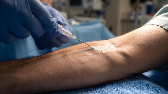 Gloved Hand Preparing Patient Vein for IV Catheter Insertion With Alcohol Swab Mark