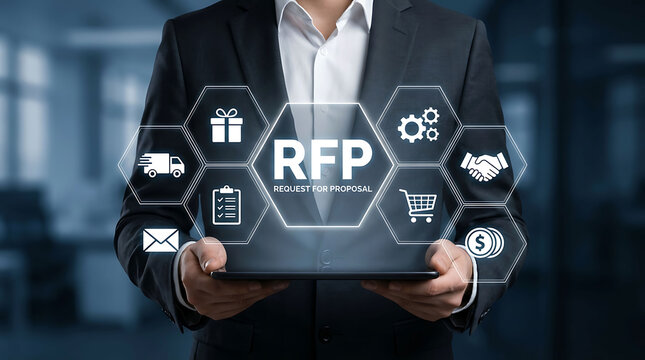 Businessman holding tablet with RFP request for proposal hologram icons graphics
