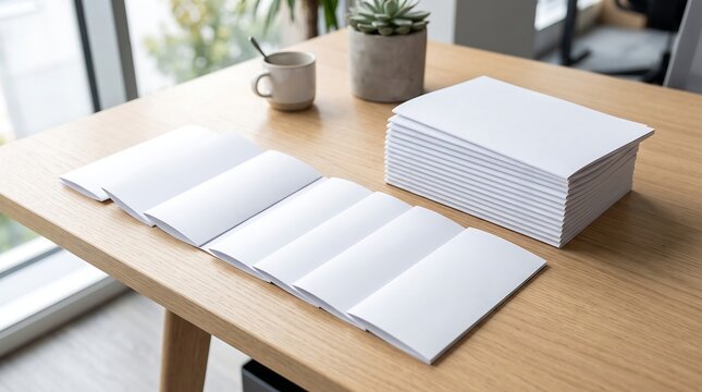 A stack of white paper and a folded brochure on a light wooden desk with a mug and plant.