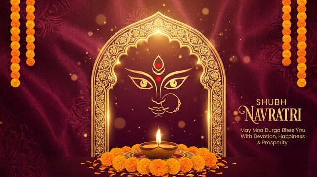 Shubh Navratri Greeting Banner with Goddess Durga Face, Temple Arch and Traditional Diya Lamp